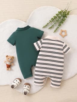 2Pcs Baby Boy Fashion Casual Stripes & Solid Color Open Chest Short Sleeve Collarless Overalls Set for Summer