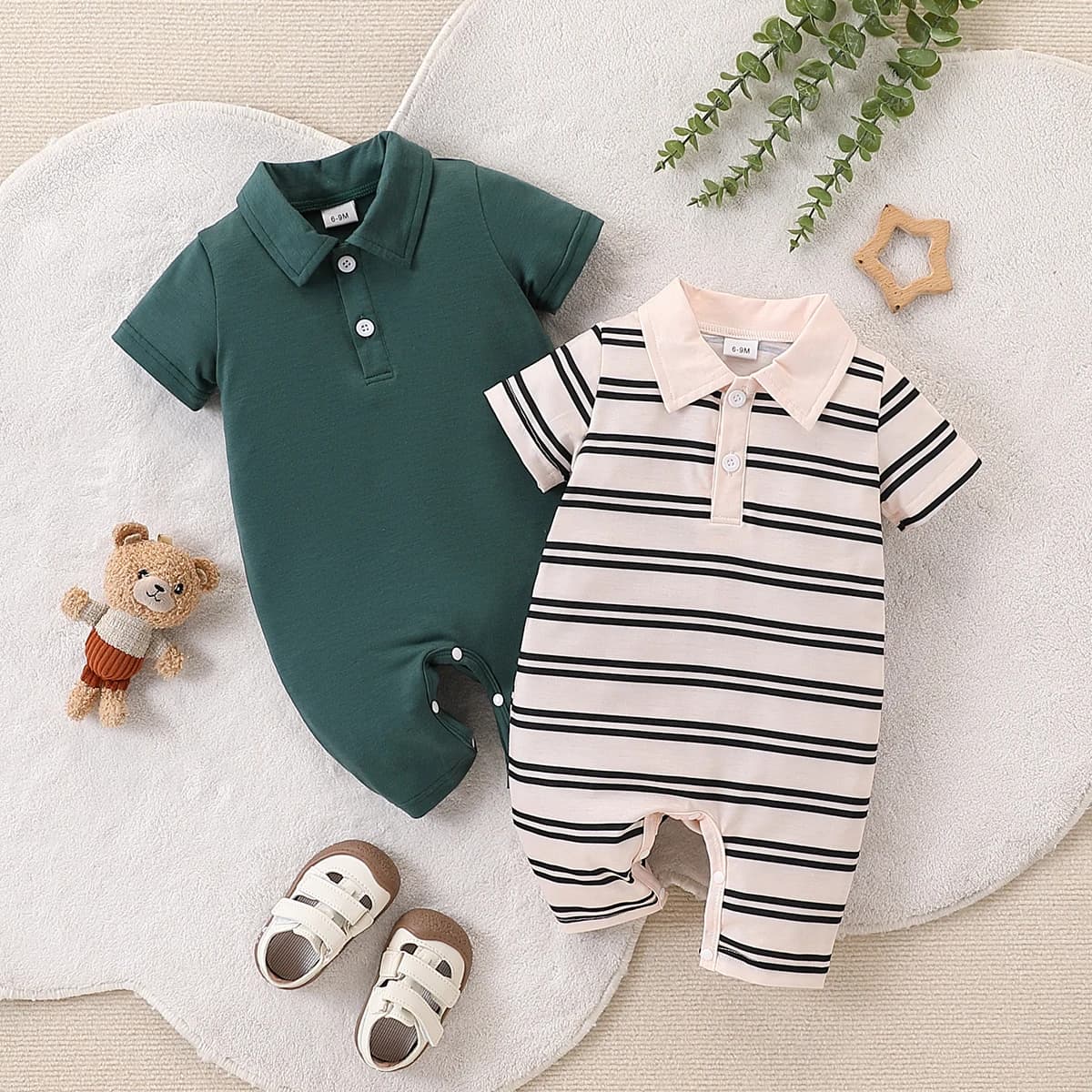 2Pcs Baby Boy Fashion Casual Stripes & Solid Color Open Chest Short Sleeve Collarless Overalls Set for Summer