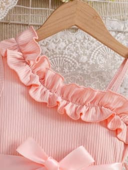 Little Girl Romantic Style Tulle Tutu Dress with Ribbed Bodice Ruffle Neck Waist Bow 3D Butterfly Mesh Skirt for Photoshoot