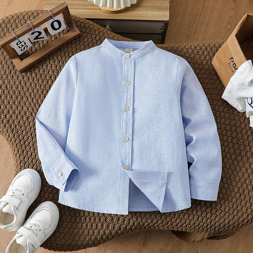 Boys Vertical Striped Long Sleeve Shirt 6-12Y Stand Collar Pocket Kids Soft Casual Blouse Back To School Outfit