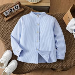 Boys Vertical Striped Long Sleeve Shirt 6-12Y Stand Collar Pocket Kids Soft Casual Blouse Back To School Outfit