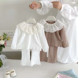 Girls' Lace Large Lapel Long-Sleeved Top + Knitted Flared Pants Two-Piece Set, Cable Knit Texture Baby Korean-Style Outfit, Spring and Autumn Home and Outdoor Children's Clothing