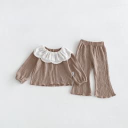 Girls' Lace Large Lapel Long-Sleeved Top + Knitted Flared Pants Two-Piece Set, Cable Knit Texture Baby Korean-Style Outfit, Spring and Autumn Home and Outdoor Children's Clothing