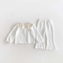 Girls' Lace Large Lapel Long-Sleeved Top + Knitted Flared Pants Two-Piece Set, Cable Knit Texture Baby Korean-Style Outfit, Spring and Autumn Home and Outdoor Children's Clothing