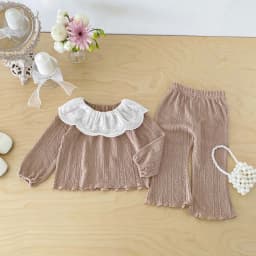 Girls' Lace Large Lapel Long-Sleeved Top + Knitted Flared Pants Two-Piece Set, Cable Knit Texture Baby Korean-Style Outfit, Spring and Autumn Home and Outdoor Children's Clothing