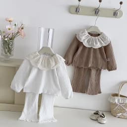 Girls' Lace Large Lapel Long-Sleeved Top + Knitted Flared Pants Two-Piece Set, Cable Knit Texture Baby Korean-Style Outfit, Spring and Autumn Home and Outdoor Children's Clothing