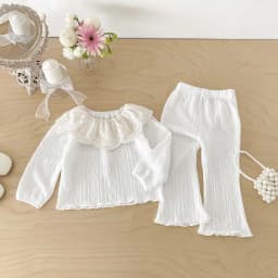 Girls' Lace Large Lapel Long-Sleeved Top + Knitted Flared Pants Two-Piece Set, Cable Knit Texture Baby Korean-Style Outfit, Spring and Autumn Home and Outdoor Children's Clothing