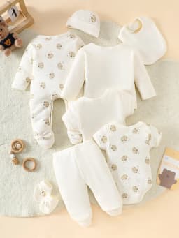 0-9M Baby 8 Pieces Layette Set, Neutral Cartoon Lion Print Soft Cotton All Season Newborn Infant Outfit