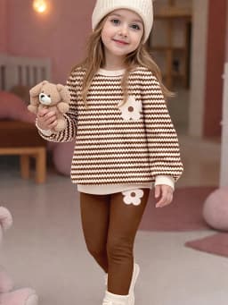 Trendy Girls 2Pcs Co-Ord, Wave Striped 3D Flower Decor Crew Neck Pullover & Brown Floral Stretchy Leggings for Daily Indoor & St