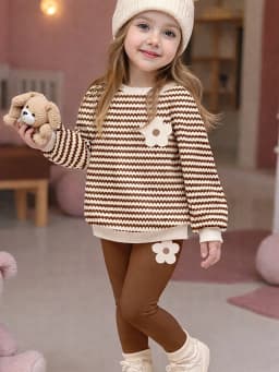 Trendy Girls 2Pcs Co-Ord, Wave Striped 3D Flower Decor Crew Neck Pullover & Brown Floral Stretchy Leggings for Daily Indoor & St