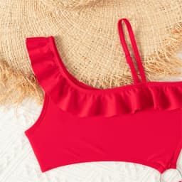 Bikini Girls Kids Swimsuits One Shoulder Ruffles Swimwear Solid Color Backless Bathing Suit