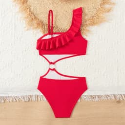 Bikini Girls Kids Swimsuits One Shoulder Ruffles Swimwear Solid Color Backless Bathing Suit