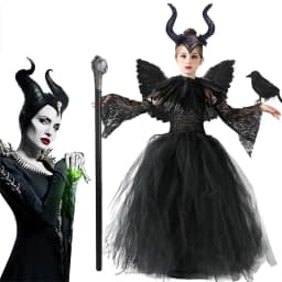 Little Kids Black Evil Witch Maleficent Fancy Dress Full Accessories Horns Wings Staff For Trick Or Treat School Stage Costume