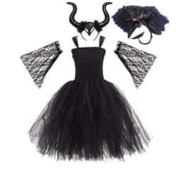 Little Kids Black Evil Witch Maleficent Fancy Dress Full Accessories Horns Wings Staff For Trick Or Treat School Stage Costume