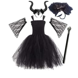 Little Kids Black Evil Witch Maleficent Fancy Dress Full Accessories Horns Wings Staff For Trick Or Treat School Stage Costume