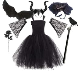 Little Kids Black Evil Witch Maleficent Fancy Dress Full Accessories Horns Wings Staff For Trick Or Treat School Stage Costume