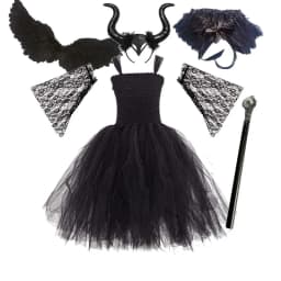 Little Kids Black Evil Witch Maleficent Fancy Dress Full Accessories Horns Wings Staff For Trick Or Treat School Stage Costume