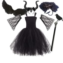 Little Kids Black Evil Witch Maleficent Fancy Dress Full Accessories Horns Wings Staff For Trick Or Treat School Stage Costume