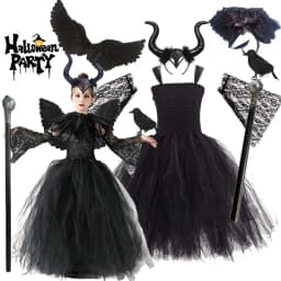Little Kids Black Evil Witch Maleficent Fancy Dress Full Accessories Horns Wings Staff For Trick Or Treat School Stage Costume