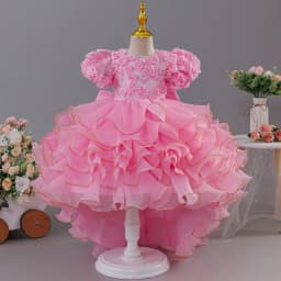 Girls' birthday dress 2026 New Girls' Puff Sleeve Train Princess Dress Elegant wedding flower girl dress Carnival Choir Fashion