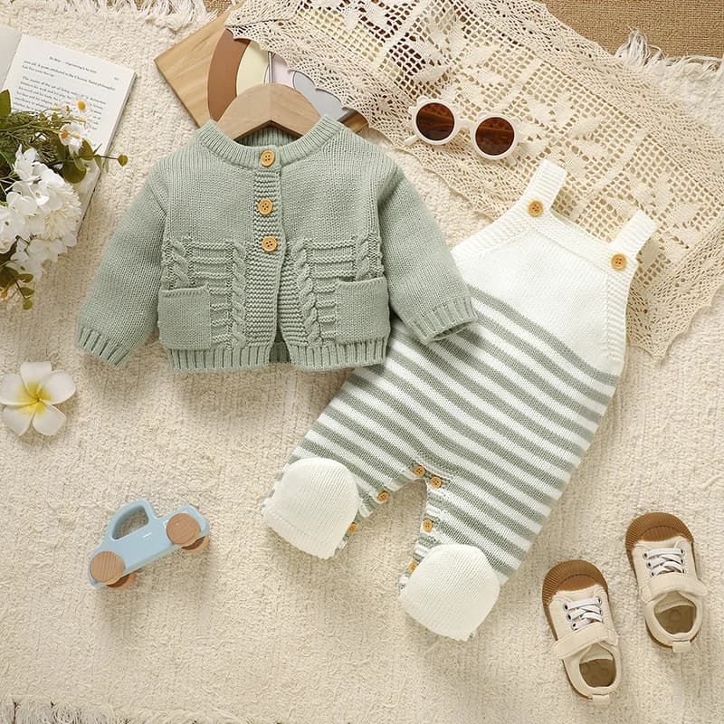 2PCS Baby Clothes Set Winter Long Sleeve Button Up Sweaters Cardigans+Strap Rompers Newborn Infant Outfits 0-18m Toddler Costume