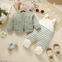 2PCS Baby Clothes Set Winter Long Sleeve Button Up Sweaters Cardigans+Strap Rompers Newborn Infant Outfits 0-18m Toddler Costume
