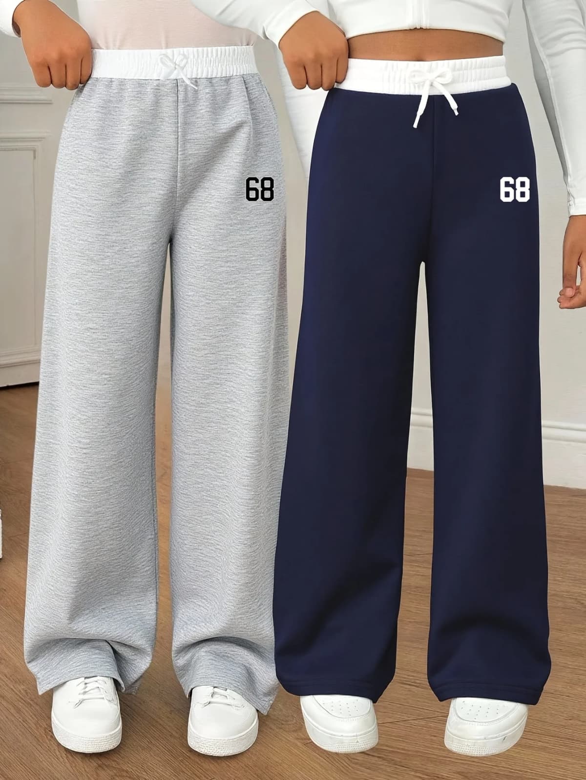 Girls' casual wide-leg trousers (2-pack, available in grey or navy); features an elastic waistband, white "68" print along the s