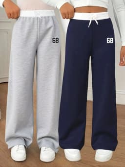 Girls' casual wide-leg trousers (2-pack, available in grey or navy); features an elastic waistband, white "68" print along the s