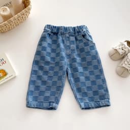 6M-5 Y Autumn Kids Pants Korean Style Soft Elastic Waist Loose Long Children Trousers Cotton Grid Jeans for Boys Girls