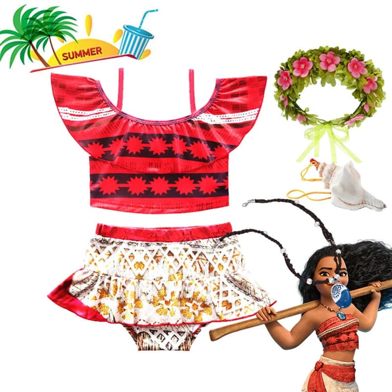 2025 Summer Time Swimming Suit for Little Girl Princess Beach Bikini Two Pieces Moana Inspired Ruffled Suspendered Swimsuit