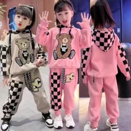2-8 Years Spring Autumn Girls Clothing Set Cartoon Embroidered Bear Pattern Hoodies Sweatshirt+ Pants 2Pcs Outfit Suit For Kids