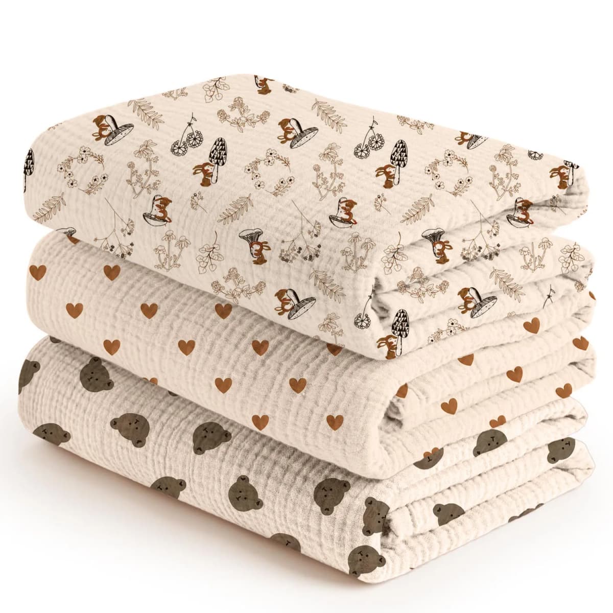 3PCS Muslin Baby Wrap Scarf Double Layer Folded Print Gauze Swaddle Blanket for Newborn All Seasons