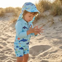 Toddler Baby Boys Rash Guard Swimsuit Romper Marine Print Long Sleeve Mock Neck Zipper Swimwear with Hat 2Pcs Set