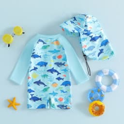 Toddler Baby Boys Rash Guard Swimsuit Romper Marine Print Long Sleeve Mock Neck Zipper Swimwear with Hat 2Pcs Set