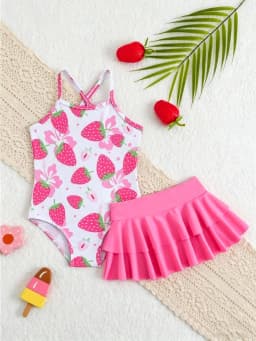 Children's Strawberry Pattern Swimsuit with Suspenders + Double-Layered Ruffle Skirt Set, Girls' Beach Vacation Swimwear Two-Piece Set, Beach Baby Swimsuit Set, Red and Pink, Cute, Fashionable, Versatile