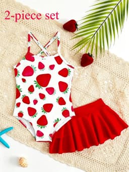 Children's Strawberry Pattern Swimsuit with Suspenders + Double-Layered Ruffle Skirt Set, Girls' Beach Vacation Swimwear Two-Piece Set, Beach Baby Swimsuit Set, Red and Pink, Cute, Fashionable, Versatile