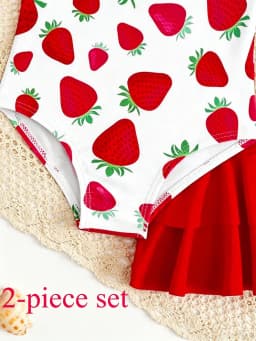 Children's Strawberry Pattern Swimsuit with Suspenders + Double-Layered Ruffle Skirt Set, Girls' Beach Vacation Swimwear Two-Piece Set, Beach Baby Swimsuit Set, Red and Pink, Cute, Fashionable, Versatile