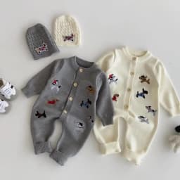 Autumn baby Clothes, Infant One-Piece Dress for Girls, Knitted Crawling Suit with Dog Pattern, Outdoor Wear