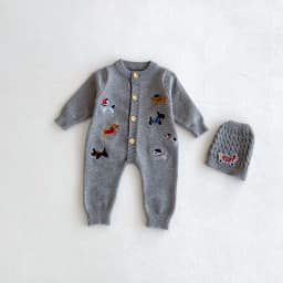 Autumn baby Clothes, Infant One-Piece Dress for Girls, Knitted Crawling Suit with Dog Pattern, Outdoor Wear