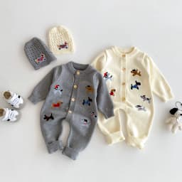 Autumn baby Clothes, Infant One-Piece Dress for Girls, Knitted Crawling Suit with Dog Pattern, Outdoor Wear