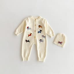 Autumn baby Clothes, Infant One-Piece Dress for Girls, Knitted Crawling Suit with Dog Pattern, Outdoor Wear