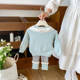 2026 Autumn Girls' Outfit: Lace-trimmed Color-block Knit Cardigan with Bow and Matching Tight Two-piece Set