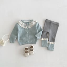 2026 Autumn Girls' Outfit: Lace-trimmed Color-block Knit Cardigan with Bow and Matching Tight Two-piece Set