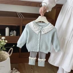 2026 Autumn Girls' Outfit: Lace-trimmed Color-block Knit Cardigan with Bow and Matching Tight Two-piece Set