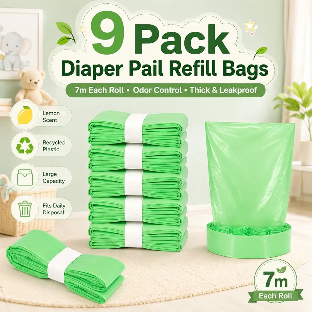 9 Pack Green Diaper Pail Refill Bags 7M Lemon Scent Odor Block Thick Leakproof Recycled Plastic Compatible with Litter Genie Diaper Genie Munchkin Angelcare Tommee Tippee Nursery Baby Waste Disposal Refill Film
