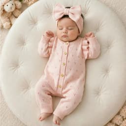 YlsteeeNewborn Baby Girl Knitted Romper Set with Bow Headband, Ruffle Sleeve Heart Knit Jumpsuit for 0-3M Photography Daily Wear