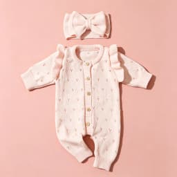 YlsteeeNewborn Baby Girl Knitted Romper Set with Bow Headband, Ruffle Sleeve Heart Knit Jumpsuit for 0-3M Photography Daily Wear