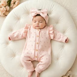 YlsteeeNewborn Baby Girl Knitted Romper Set with Bow Headband, Ruffle Sleeve Heart Knit Jumpsuit for 0-3M Photography Daily Wear