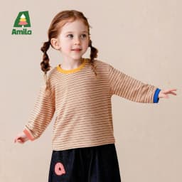 Amila 2026 Autumn New Kids T Shirt Retro Colorful Stripe Two Tone Long Sleeve Base Layer Fashion Casual Soft Comfortable Top