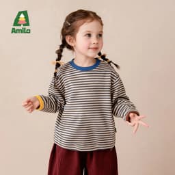 Amila 2026 Autumn New Kids T Shirt Retro Colorful Stripe Two Tone Long Sleeve Base Layer Fashion Casual Soft Comfortable Top